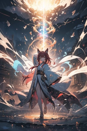 Depict a young, mixed-race girl, Alia (also known as 'Little Red'), standing in a powerful stance. She has distinctive red hair and prominent animal-like ears, a clear sign of her mixed heritage. Alia is wearing a slightly oversized, ornate robe of the Holy Light Order, with a color scheme of blue and white. The robe is adorned with intricate symbols of light and purity. Alia's expression is intense and determined, her eyes glowing with a fiery energy. Her hands are outstretched, unleashing a torrent of violent, fiery magic that swirls around her like a storm. The flames are vibrant shades of red, orange, and yellow, illuminating her figure and casting dramatic shadows. The background should be dark and chaotic, with hints of destruction caused by her magic, contrasting with the radiant light of her blue and white robes. Alia's red hair is slightly windswept, adding to the dynamic energy of the scene, while her animal-like ears are clearly visible, emphasizing her unique identity