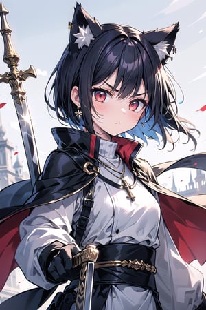 1girl, solo, short hair, looking at viewer, blush, Uneven bangs, red eyes, black hair, inner red hair, gloves, long sleeves, animal ears, jewelry, closed mouth, upper body, weapon, earrings, stepped sleeves, outdoors, black gloves, blades, cat ears, 
Religious hues, necklace, blue and white cape, v-shaped eyebrows, animal ear fluff, floating hair, holding sword, extra ears, serious, glint, Sexy Pose