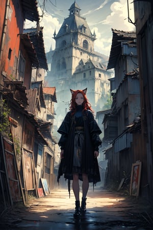 In a dark color painting, a girl（15yo） with long red hair, stands in the center of the painting, occupying one third of the painting. She wears shabby clothes. The girl has cool blue eyes, dark red hair, and cat ears. Her costume trim has some damage and stains. There is a medieval castle in the main visual background, and the surrounding environment is a dilapidated and gloomy city. The scene is set against a cloudy sky, adding to the authenticity of the painting.