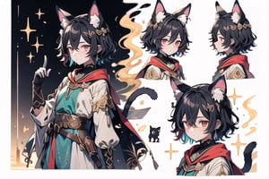 (CharacterSheet:1), {{Design Character Sheet}}, girl, 25 years old, solo, short hair with bangs, black hair with red highlights, red eyes, gloves, long sleeves, animal ears, hair between eyes, adorned with jewelry, closed mouth, multicolored hair, earrings, detached sleeves, black gloves, cat ears, blue and white cape with religious symbolism, armor, two-tone hair, v-shaped eyebrows, animal ear fluff, different pose, {{{different angle (up, down, left, right back view, back facing, sideways)}}, {different expression}}, different point of view, optimal arrangement, {{there is space}}, do not overlap, white flat background, {{not cut off}}, margin border 2 space, (upper body and waist up), dynamic angle, {illustration}, cinematic angle, {{{pattern of clothes}}}, {{{Holy Light religious order assassin imagery}}}, (beautiful detailed eyes), 4x3, Perfect Finger, perfect anatomy, perfect arm, perfect hand, Midjourney-anime style, stunning landscape, screenshot animation, small chest, (multiple views, full body, upper body, reference sheet:1).