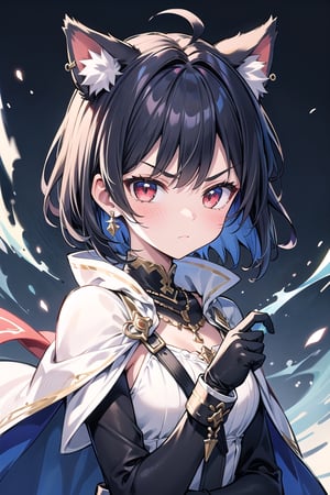 1girl, solo, short hair, looking at viewer, blush, Uneven bangs, red eyes, black hair, inner red hair, gloves, long sleeves, animal ears, jewelry, closed mouth, upper body, weapon, earrings, stepped sleeves, outdoors, black gloves, blades, cat ears, 
Religious hues, necklace, blue and white cape, v-shaped eyebrows, animal ear fluff, floating hair, holding sword, extra ears, serious, glint, Sexy Pose