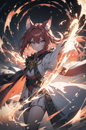 Depict a young, mixed-race girl, Alia (also known as 'Little Red'), standing in a powerful stance. She has distinctive red hair and prominent animal-like ears, a clear sign of her mixed heritage. Alia is wearing a slightly oversized, ornate robe of the Holy Light Order, with a color scheme of blue and white. The robe is adorned with intricate symbols of light and purity. Alia's expression is intense and determined, her eyes glowing with a fiery energy. Her hands are outstretched, unleashing a torrent of violent, fiery magic that swirls around her like a storm. The flames are vibrant shades of red, orange, and yellow, illuminating her figure and casting dramatic shadows. The background should be dark and chaotic, with hints of destruction caused by her magic, contrasting with the radiant light of her blue and white robes. Alia's red hair is slightly windswept, adding to the dynamic energy of the scene, while her animal-like ears are clearly visible, emphasizing her unique identity