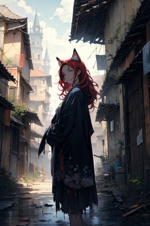 In a dark color painting, a girl（15yo） with long red hair, stands in the center of the painting, occupying one third of the painting. She wears shabby clothes. The girl has cool blue eyes, dark red hair, and cat ears. Her costume trim has some damage and stains. There is a medieval castle in the main visual background, and the surrounding environment is a dilapidated and gloomy city. The scene is set against a cloudy sky, adding to the authenticity of the painting.