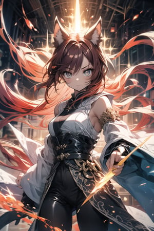 Depict a young, mixed-race girl, Alia (also known as 'Little Red'), standing in a powerful, poised stance. She has striking red hair and prominent animal-like ears, highlighting her mixed heritage. Alia is wearing a form-fitting, ornate robe of the Holy Light Order, with a sleek design in blue and white, allowing for agility. The robe is adorned with intricate symbols of light and purity, but it is tailored to fit her role as an assassin, not overly loose. In each hand, she holds a gleaming, curved dagger, ready for combat. Her expression is cold and calculating, with a piercing gaze that reflects her focus and deadly intent. Surrounding her hands and weapons, she conjures violent, fiery magic that swirls around her, illuminating the scene with intense shades of red, orange, and yellow. The background is dark and chaotic, with hints of destruction caused by her magic, contrasting with the radiant blue and white of her attire. Her red hair is slightly windswept, adding to the dynamic energy, while her animal-like ears are clearly visible, emphasizing her unique identity