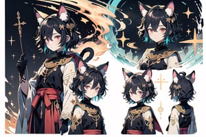 (CharacterSheet:1), {{Design Character Sheet}}, girl, 25 years old, solo, short hair with bangs, black hair with red highlights, red eyes, gloves, long sleeves, animal ears, hair between eyes, adorned with jewelry, closed mouth, multicolored hair, earrings, detached sleeves, black gloves, cat ears, blue and white cape with religious symbolism, armor, two-tone hair, v-shaped eyebrows, animal ear fluff, different pose, {{{different angle (up, down, left, right back view, back facing, sideways)}}, {different expression}}, different point of view, optimal arrangement, {{there is space}}, do not overlap, white flat background, {{not cut off}}, margin border 2 space, (upper body and waist up), dynamic angle, {illustration}, cinematic angle, {{{pattern of clothes}}}, {{{Holy Light religious order assassin imagery}}}, (beautiful detailed eyes), 4x3, Perfect Finger, perfect anatomy, perfect arm, perfect hand, Midjourney-anime style, stunning landscape, screenshot animation, small chest, (multiple views, full body, upper body, reference sheet:1).