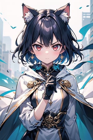 1girl, solo, short hair, looking at viewer, blush, bangs, red eyes, black hair, inner red hair, gloves, long sleeves, animal ears, jewelry, closed mouth, upper body, weapon, earrings, outdoors, black gloves, blades, cat ears, necklace, blue and white cape, v-shaped eyebrows, animal ear fluff, floating hair, holding sword, extra ears, serious, glint, Sexy Pose