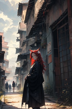 In a dark color painting, a girl（15yo） with long red hair, stands in the center of the painting, occupying one third of the painting. She wears shabby clothes. The girl has cool blue eyes, dark red hair, and cat ears. Her costume trim has some damage and stains. There is a medieval castle in the main visual background, and the surrounding environment is a dilapidated and gloomy city. The scene is set against a cloudy sky, adding to the authenticity of the painting.