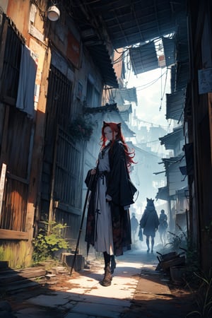 In a gloomy color painting, a girl（15yo） with long red hair, stands in the center of the painting, occupying one third of the painting. She wears shabby clothes. The girl has cool blue eyes, dark red hair, and cat ears. Her costume trim has some damage and stains. There is a medieval castle in the main visual background, and the surrounding environment is a dilapidated and gloomy city. The scene is set against a cloudy sky, adding to the authenticity of the painting.