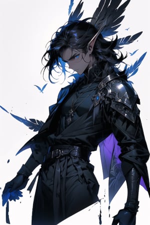 Portrait of Nismoon, an elegant and stoic Elven male, his slender frame exuding grace and poise. Despite his refined features, a hint of melancholy shadows his expression, as if burdened by inner turmoil. His luscious curls, as dark as feathers, sway gently, murmuring a sorrowful melody in the wind. Deep, mysterious eyes like the abyss, casting an aura of enigmatic detachment.
Attired in sleek black armor, wielding a slender sword, with a grimoire hanging from his waist, emanating an aura of danger and mystery."