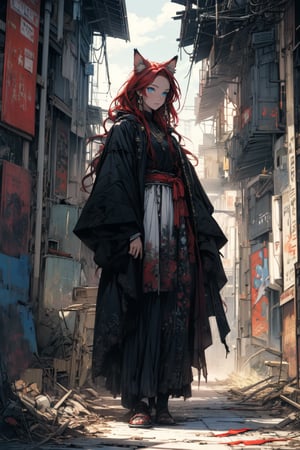 In a gloomy color painting, a girl with long red hair, stands in the center of the painting, occupying one third of the painting. She wears simple shabby clothes. The girl has cool blue eyes, dark red hair, and cat ears. Her costume trim has some damage and stains. There is a medieval castle in the main visual background, and the surrounding environment is a dilapidated and gloomy city. The scene is set against a cloudy sky, adding to the authenticity of the painting.