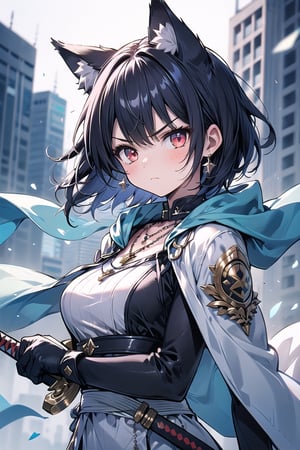 1girl, solo, short hair, looking at viewer, blush, bangs, red eyes, black hair, inner red hair, gloves, long sleeves, animal ears, jewelry, closed mouth, upper body, weapon, earrings, outdoors, black gloves, sword, cat ears, necklace, blue and white cape, v-shaped eyebrows, animal ear fluff, floating hair, holding sword, extra ears, serious, glint, Sexy Pose