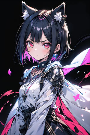 1girl, solo, short hair, looking at viewer, blush, Uneven bangs, red eyes, black hair, inner red hair, gloves, long sleeves, animal ears, jewelry, closed mouth, upper body, weapon, earrings, stepped sleeves, outdoors, black gloves, blades, cat ears, 
Religious hues, necklace, blue and white cape, v-shaped eyebrows, animal ear fluff, floating hair, holding sword, extra ears, serious, glint, Sexy Pose,genshinweapon