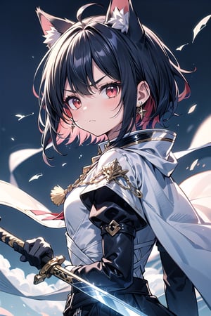 1girl, solo, short hair, looking at viewer, blush, Uneven bangs, red eyes, black hair, inner red hair, gloves, long sleeves, animal ears, jewelry, closed mouth, upper body, weapon, earrings, stepped sleeves, outdoors, black gloves, blades, cat ears, necklace, blue and white cape, v-shaped eyebrows, animal ear fluff, floating hair, holding sword, extra ears, serious, glint, Sexy Pose