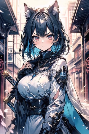 1girl, solo, short hair, looking at viewer, blush, Uneven bangs, red eyes, black hair, inner red hair, gloves, long sleeves, animal ears, jewelry, closed mouth, upper body, weapon, earrings, stepped sleeves, outdoors, black gloves, blades, cat ears, necklace, blue and white cape, v-shaped eyebrows, animal ear fluff, floating hair, holding sword, extra ears, serious, glint, Sexy Pose,nodf_lora