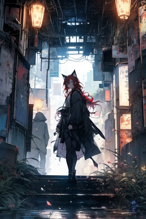 In a gloomy color painting, a girl（15yo） with long red hair, stands in the center of the painting, occupying one third of the painting. She wears broken clothes. The girl has cool blue eyes, dark red hair, and cat ears. Her costume trim has some damage and stains. There is a medieval castle in the main visual background, and the surrounding environment is a dilapidated and gloomy city. The scene is set against a cloudy sky, adding to the authenticity of the painting.