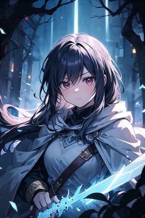 Scene in a sword and magic era: A female Light Assassin navigating through the dense forest shrouded in darkness and thick fog. Clad in a blue and white cloak, she conceals her head, cautiously exploring the imminent dangers lurking in the shadows of the night