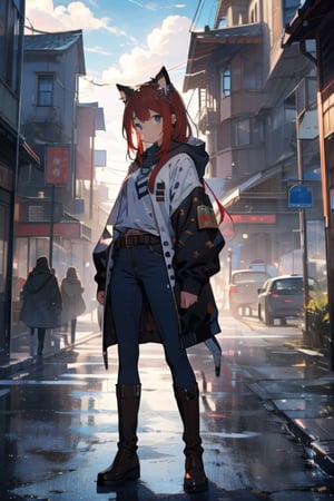 Captured in a vibrant colored painting, a girl with long red hair stands in the middle of the frame. She is dressed in a medieval-style outfit, adorned with a white shirt and blue jeans. Her boots are adorned with brown straps, adding a touch of charm to her outfit. The girl's eyes are a piercing blue, while her hair is a darker shade of red with cat ears. Her outfit is adorned with white polka dots, a brown belt, and a pair of brown boots. To the right of the girl, a man in a white hooded sweatshirt. In the background, a medieval castle is seen, with a bridge crossing over it. The scene is set against a backdrop of a cloudy sky, adding to the authenticity of the painting.