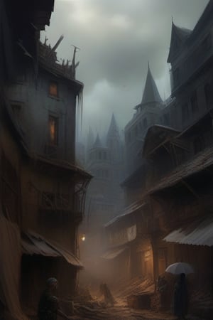 {
  "prompt": "Depict a vast, war-torn cityscape under a gloomy, overcast sky. The city is divided into two distinct areas: an upper district with grand, crumbling buildings representing faded nobility and power, and a chaotic lower district filled with narrow, winding streets and makeshift shelters. The streets are crowded with a mix of refugees and soldiers, with tension palpable in the air. In the background, a towering fortress looms over the city, symbolizing control and oppression. The city's architecture should blend elements of medieval and gothic design, with hints of magical energy glowing faintly around certain buildings. In the sky, faint traces of holy light clash with dark, ominous clouds, representing the ongoing struggle between divine forces and dark powers. Include subtle details like b
