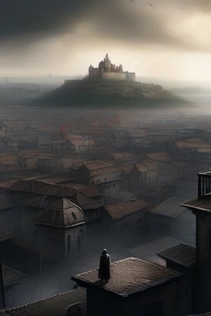 {
  "prompt": "Depict a vast, war-torn cityscape under a gloomy, overcast sky. The city is divided into two distinct areas: an upper district with grand, crumbling buildings representing faded nobility and power, and a chaotic lower district filled with narrow, winding streets and makeshift shelters. The streets are crowded with a mix of refugees and soldiers, with tension palpable in the air. In the background, a towering fortress looms over the city, symbolizing control and oppression. The city's architecture should blend elements of medieval and gothic design, with hints of magical energy glowing faintly around certain buildings. In the sky, faint traces of holy light clash with dark, ominous clouds, representing the ongoing struggle between divine forces and dark powers. Include subtle details like b
