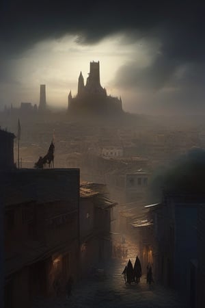 {
  "prompt": "Depict a vast, war-torn cityscape under a gloomy, overcast sky. The city is divided into two distinct areas: an upper district with grand, crumbling buildings representing faded nobility and power, and a chaotic lower district filled with narrow, winding streets and makeshift shelters. The streets are crowded with a mix of refugees and soldiers, with tension palpable in the air. In the background, a towering fortress looms over the city, symbolizing control and oppression. The city's architecture should blend elements of medieval and gothic design, with hints of magical energy glowing faintly around certain buildings. In the sky, faint traces of holy light clash with dark, ominous clouds, representing the ongoing struggle between divine forces and dark powers. Include subtle details like b
