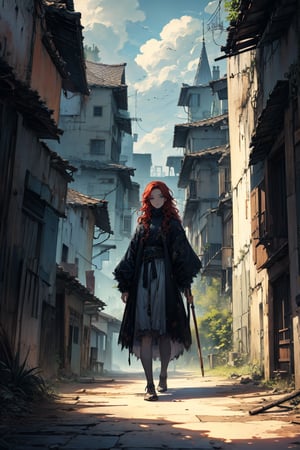 In a dark color painting, a girl（15yo） with long red hair, stands in the center of the painting, occupying one third of the painting. She wears shabby clothes. The girl has cool blue eyes, dark red hair, and cat ears. Her costume trim has some damage and stains. There is a medieval castle in the main visual background, and the surrounding environment is a dilapidated and gloomy city. The scene is set against a cloudy sky, adding to the authenticity of the painting.