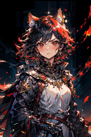 1girl, solo, short hair, looking at viewer, blush, Uneven bangs, red eyes, black hair, inner red hair, gloves, long sleeves, animal ears, jewelry, closed mouth, upper body, weapon, earrings, stepped sleeves, outdoors, black gloves, blades, cat ears, necklace, blue and white cape, v-shaped eyebrows, animal ear fluff, floating hair, holding sword, extra ears, serious, glint, Sexy Pose,nodf_lora
