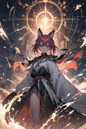 Depict a young, mixed-race girl, Alia (also known as 'Little Red'), standing in a powerful, poised stance. She has striking red hair and prominent animal-like ears, highlighting her mixed heritage. Alia is wearing a form-fitting, ornate robe of the Holy Light Order, with a sleek design in blue and white, allowing for agility. The robe is adorned with intricate symbols of light and purity, but it is tailored to fit her role as an assassin, not overly loose. In each hand, she holds a gleaming, Her expression is cold and calculating, with a piercing gaze that reflects her focus and deadly intent. Surrounding her hands and weapons, she conjures violent, fiery magic that swirls around her, illuminating the scene with intense shades of red, orange, and yellow. The background is dark and chaotic, with hints of destruction caused by her magic, contrasting with the radiant blue and white of her attire. Her red hair is slightly windswept, adding to the dynamic energy, while her animal-like ears are clearly visible, emphasizing her unique identity