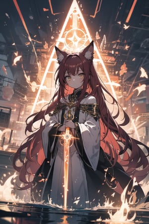 Depict a young, mixed-race girl, Alia (also known as 'Little Red'), standing in a powerful, poised stance. She has striking red hair and prominent animal-like ears, highlighting her mixed heritage. Alia is wearing a form-fitting, ornate robe of the Holy Light Order, with a sleek design in blue and white, allowing for agility. The robe is adorned with intricate symbols of light and purity, but it is tailored to fit her role as an assassin, not overly loose. In each hand, she holds a gleaming, Her expression is cold and calculating, with a piercing gaze that reflects her focus and deadly intent. Surrounding her hands and weapons, she conjures violent, fiery magic that swirls around her, illuminating the scene with intense shades of red, orange, and yellow. The background is dark and chaotic, with hints of destruction caused by her magic, contrasting with the radiant blue and white of her attire. Her red hair is slightly windswept, adding to the dynamic energy, while her animal-like ears are clearly visible, emphasizing her unique identity