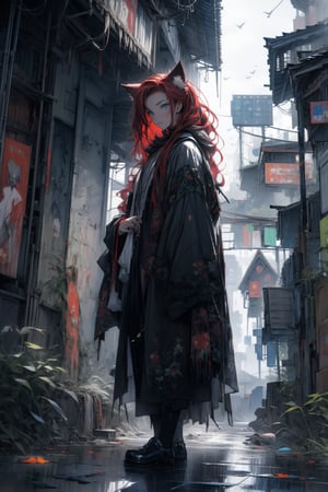 In a gloomy color painting, a girl with long red hair, stands in the center of the painting, occupying one third of the painting. She wears simple shabby clothes. The girl has cool blue eyes, dark red hair, and cat ears. Her costume trim has some damage and stains. There is a medieval castle in the main visual background, and the surrounding environment is a dilapidated and gloomy city. The scene is set against a cloudy sky, adding to the authenticity of the painting.