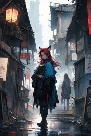 In a gloomy color painting, a girl with long red hair, stands in the center of the painting, occupying one third of the painting. She wears simple shabby clothes. The girl has cool blue eyes, dark red hair, and cat ears. Her costume trim has some damage and stains. There is a medieval castle in the main visual background, and the surrounding environment is a dilapidated and gloomy city. The scene is set against a cloudy sky, adding to the authenticity of the painting.