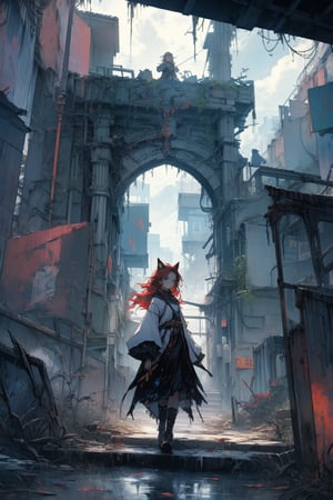 In a gloomy color painting, a girl（15yo） with long red hair, stands in the center of the painting, occupying one third of the painting. She wears broken clothes. The girl has cool blue eyes, dark red hair, and cat ears. Her costume trim has some damage and stains. There is a medieval castle in the main visual background, and the surrounding environment is a dilapidated and gloomy city. The scene is set against a cloudy sky, adding to the authenticity of the painting.