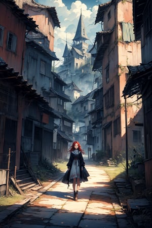 In a gloomy color painting, a girl（15yo） with long red hair, stands in the center of the painting, occupying one third of the painting. She wears shabby dress. The girl has cool blue eyes, dark red hair, and cat ears. Her costume trim has some damage and stains. There is a medieval castle in the main visual background, and the surrounding environment is a dilapidated and gloomy city. The scene is set against a cloudy sky, adding to the authenticity of the painting.