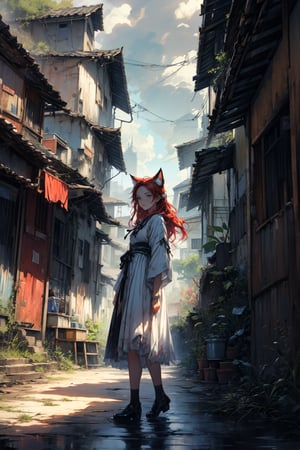 In a gloomy color painting, a girl（15yo） with long red hair, stands in the center of the painting, occupying one third of the painting. She wears shabby dress. The girl has cool blue eyes, dark red hair, and cat ears. Her costume trim has some damage and stains. There is a medieval castle in the main visual background, and the surrounding environment is a dilapidated and gloomy city. The scene is set against a cloudy sky, adding to the authenticity of the painting.