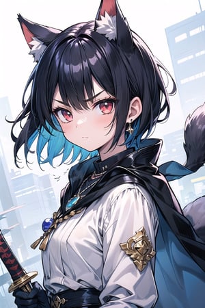 1girl, solo, short hair, looking at viewer, blush, bangs, red eyes, black hair with inner red highlights, gloves, long sleeves, animal ears, jewelry, closed mouth, upper body, weapon, earrings, outdoors, black gloves, sword, cat ears, necklace, blue and white cape, v-shaped eyebrows, animal ear fluff, floating hair, holding sword, extra ears, serious, glint, Sexy Pose