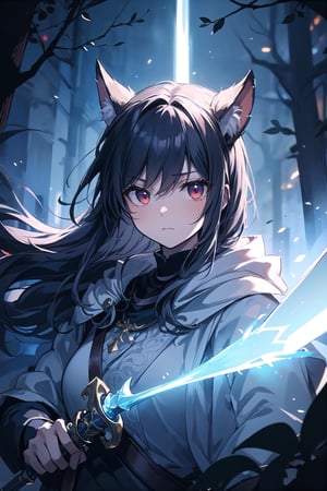 Scene in a sword and magic era: A female Light Assassin navigating through the dense forest shrouded in darkness and thick fog. Clad in a blue and white cloak, she conceals her head, cautiously exploring the imminent dangers lurking in the shadows of the night