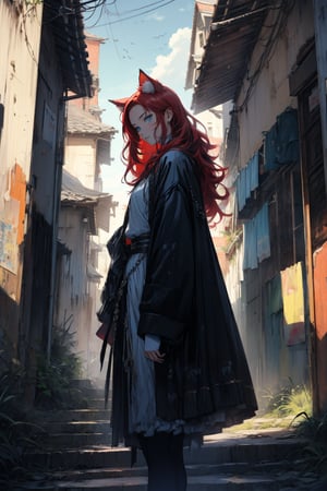 In a dark color painting, a girl（15yo） with long red hair, stands in the center of the painting, occupying one third of the painting. She wears shabby clothes. The girl has cool blue eyes, dark red hair, and cat ears. Her costume trim has some damage and stains. There is a medieval castle in the main visual background, and the surrounding environment is a dilapidated and gloomy city. The scene is set against a cloudy sky, adding to the authenticity of the painting.