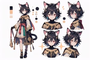 (CharacterSheet:1), {{Design Character Sheet}}, girl, 25 years old, solo, short hair with bangs, black hair with red highlights, red eyes, gloves, long sleeves, animal ears, hair between eyes, adorned with jewelry, closed mouth, multicolored hair, earrings, detached sleeves, black gloves, cat ears, blue and white cape with religious symbolism, armor, two-tone hair, v-shaped eyebrows, animal ear fluff, different pose, {{{different angle (up, down, left, right back view, back facing, sideways)}}, {different expression}}, different point of view, optimal arrangement, {{there is space}}, do not overlap, white flat background, {{not cut off}}, margin border 2 space, (upper body and waist up), dynamic angle, {illustration}, cinematic angle, {{{pattern of clothes}}}, {{{Holy Light religious order assassin imagery}}}, (beautiful detailed eyes), 4x3, Perfect Finger, perfect anatomy, perfect arm, perfect hand, Midjourney-anime style, stunning landscape, screenshot animation, small chest, (multiple views, full body, upper body, reference sheet:1).