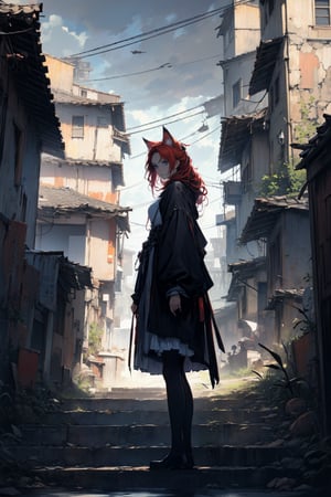 In a dark color painting, a girl（15yo） with long red hair, stands in the center of the painting, occupying one third of the painting. She wears shabby clothes. The girl has cool blue eyes, dark red hair, and cat ears. Her costume trim has some damage and stains. There is a medieval castle in the main visual background, and the surrounding environment is a dilapidated and gloomy city. The scene is set against a cloudy sky, adding to the authenticity of the painting.