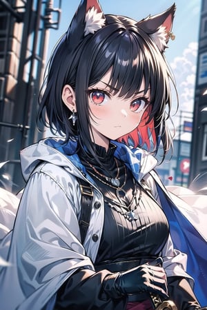 1girl, solo, short hair, looking at viewer, blush, Uneven bangs, red eyes, black hair, inner red hair, gloves, long sleeves, animal ears, jewelry, closed mouth, upper body, weapon, earrings, stepped sleeves, outdoors, black gloves, blades, cat ears, necklace, blue and white cape, v-shaped eyebrows, animal ear fluff, floating hair, holding sword, extra ears, serious, glint, Sexy Pose,nodf_lora