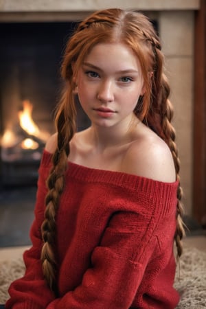 Young red-haired teenage girl, long hair with braids framing face, wearing red off-the-shoulder sweater, bare legs, sitting by fireplace, pretty face, small straight button nose, slight smile, lips full of cupid's bow, highly detailed, shiny hair, cinematic, light film, Hyper detailed, Hyper realistic, masterpiece, atmosphere, High resolution, High contrast, dark angle, 16k, HDR, 500 pixels,