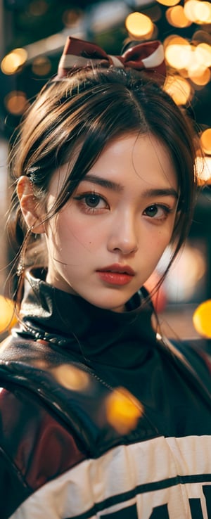 a young woman,1 girl, looking at the camera, autumn forst, posing,ulzzang, streaming on twitch, character album cover,red moment,style of bokeh,daily wear,moody lighting,appropriate comparison of cold and warm, hair over one eye, bow on head, reality,idol,Beauty,beauty