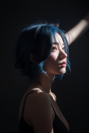 teenage girl, blue hair, dark background, dramatic light