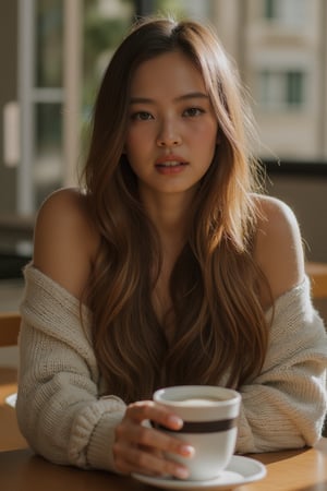 A long-haired woman sitting at a coffee table, natural light streaming through a window, soft shadows highlighting her features, she holds a cup of coffee, relaxed pose, indoor setting with a cozy atmosphere, detailed facial expression, mid-shot framing capturing her upper body and the table.