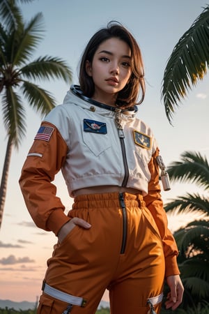 An astronaut in an orange astronaut outfit, standing against a sunset background. The astronaut is positioned front facing and is shown from the waist up. The sunset provides a warm and vibrant color palette. The scene is surrounded by lush plants, adding a touch of nature to the composition. The image quality is top-notch and high-resolution, with ultra-detailed features. The style of the artwork is realistic, with vivid colors and professional craftsmanship. The lighting accentuates the astronaut's figure, creating a captivating atmosphere,   , 