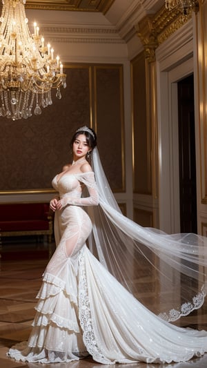 Step into the lavish elegance of the 17th-century French court, where romance and opulence intertwine in a dance of grace and passion. The scene opens with a resplendent ballroom, bathed in the soft glow of chandeliers suspended from the ornate ceiling. A lone figure emerges into view, a young woman who embodies the epitome of sophistication and allure.
The camera captures her from a gentle side angle, offering a glimpse of her as she stands in the midst of the opulent surroundings. Her posture is regal, shoulders back and head held high, exuding a confident elegance that commands attention. The camera's distance is just enough to capture her from head to toe, allowing the viewer to appreciate every intricate detail of her ensemble.
Her attire is a masterpiece of intricate lace and sumptuous fabrics, a true reflection of the fashion of the era. A bodice adorned with delicate embroidery accentuates her slender waist, while layers of silk and satin cascade gracefully down to the floor, creating a mesmerizing tableau as she moves. The camera takes in the elaborate ruffles and folds of her gown, highlighting the craftsmanship that went into its creation.
As she glides across the ballroom, her movements are the embodiment of grace, captured in a full-length shot that showcases the fluidity of her steps. The camera angle slightly tilts upwards, emphasizing her ethereal presence and the grandeur of the surroundings. Her eyes, expressive and filled with a mix of emotions, meet the viewer's gaze for a fleeting moment, a connection that transcends time.
The candlelit ambiance casts a soft glow on her features, illuminating her complexion with a subtle radiance. The camera lingers on her face, capturing the delicate curve of her cheekbones and the gentle sweep of her eyelashes. A hint of a smile plays on her lips, adding an air of mystery to her allure.
The ornate mirrors that adorn the ballroom walls offer glimpses of the surrounding couples twirling in elegant waltzes, enhancing the sense of movement and enchantment. The camera position remains fixed, capturing the scene in its entirety while allowing the viewer to absorb the romantic ambiance that envelops the setting.
In this singular shot, the camera captures the essence of a young woman who embodies the romantic splendor of the 17th-century French court. Her beauty, poise, and the enchanting atmosphere of the ballroom come together in a visual masterpiece that transports the viewer to a world of timeless elegance and passion.        