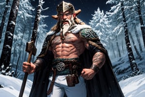 1boy, solo, nordic viking, frontal pose, with fire nordic axe in both hands, (long beard, hair and beard color white, runic celtic tattos in chest, battle scars in body, scar in right eye, right eye white, muscular, viking black pants, barbaric black cape, viking helmet (face discovered), in middle of a winter forrest during boreal night)