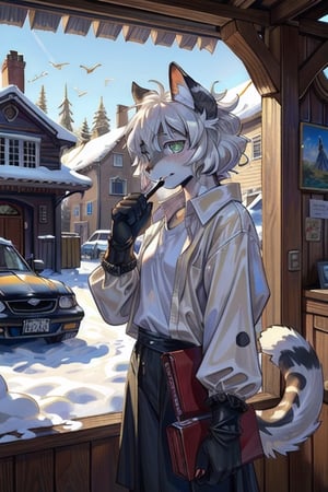 by kenket (by thebigslick), (by syuro:0.2), (by qupostuv35:1.2), (hi res), ((masterpiece)) , ((best quality)), (nice hands), snow, edwardian,art_nouveau,intricate,detailed,character portrait, anthro_feline, landscape, snow_leopard, anthro, black and white tail, furry, kemono, body fur, detailed_fluffy_fur, ((white fur, small black spots)), ((1girl)), (((white hair, messy hair, short hair))),green eyes,mechanic, longsleeve, mechanic clothes, garage, car garage, tools, button_up shirt, shy,(feline nose), FurryCore,WideHipsDef