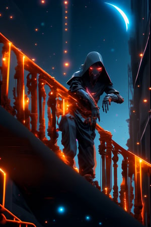 Assassin stalking his enemies from a balcony at night