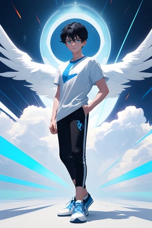 
high quality, high detailed, masterpiece, epic , (general plane), 1boy, 20 years old, solo,serious, pose: flying hands in pockets,(short black hair, open blue eyes, blue aura, white t-shirt, black pants, white sneakers), 