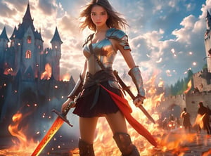 girl is a warrior.
Sword in left hand, magic in right hand.
The burning castle in the background.